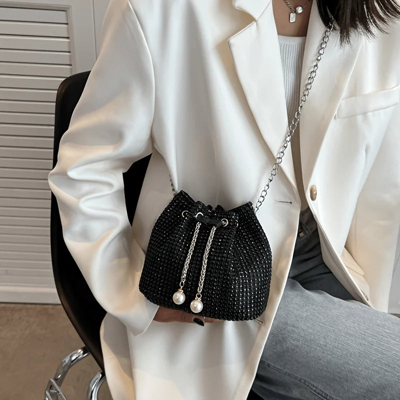 Sparkling Rhinestone Embellished Drawstring Crossbody Bag, Multi-Functional Bucket Purse, Formal Handbag for Women Daily Commute
