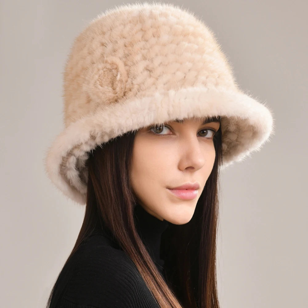 Woman Hat Winter Solid Mink Caps With Flower Natural Mink Fur Hats New Russian Girl Soft Knitting Real Fur Bucket Hats 2025 Warm