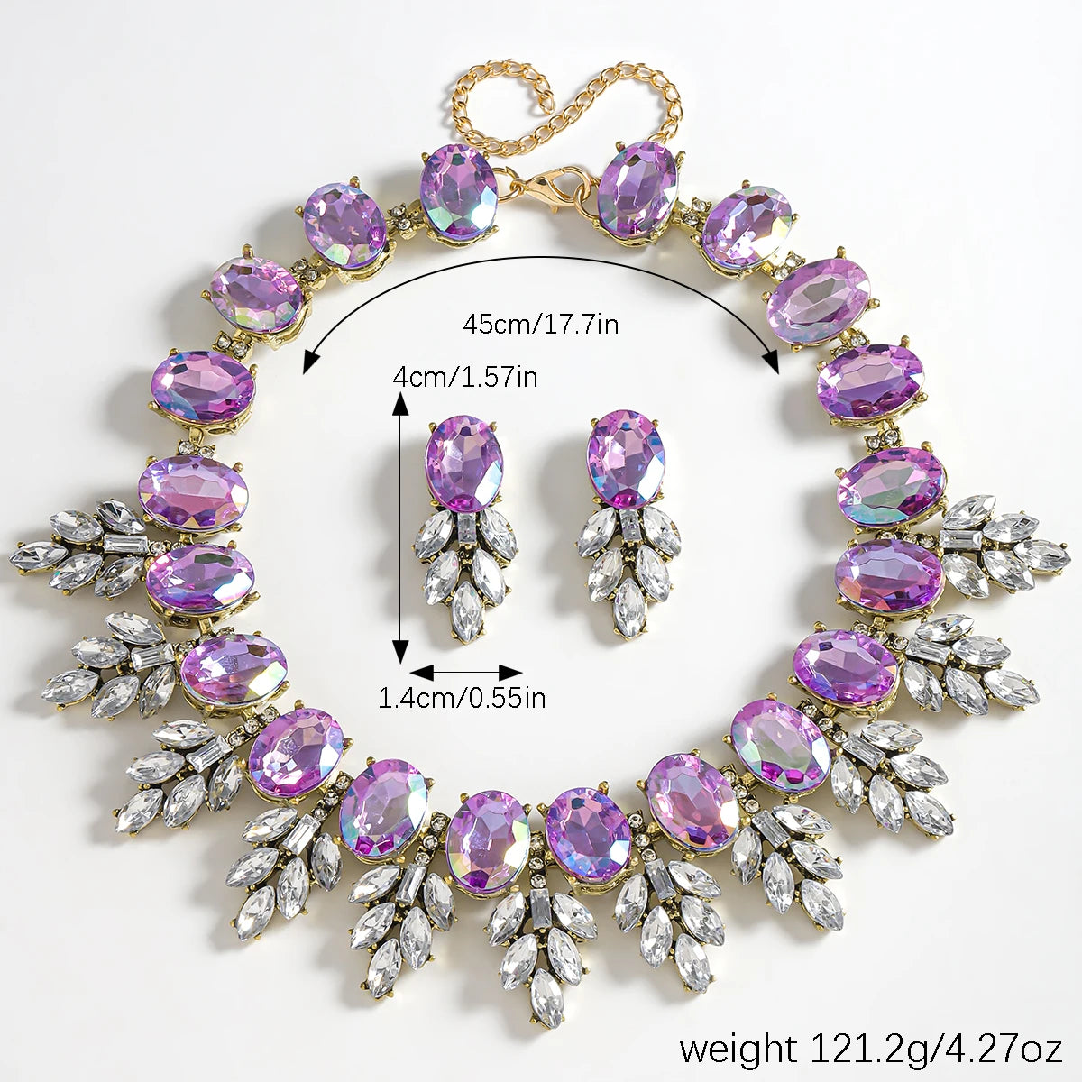 Best Lady Geometric Rhinestone Necklace & Short Glass Earrings Stitching Decorative Neck Chain Dress Jewelry Set