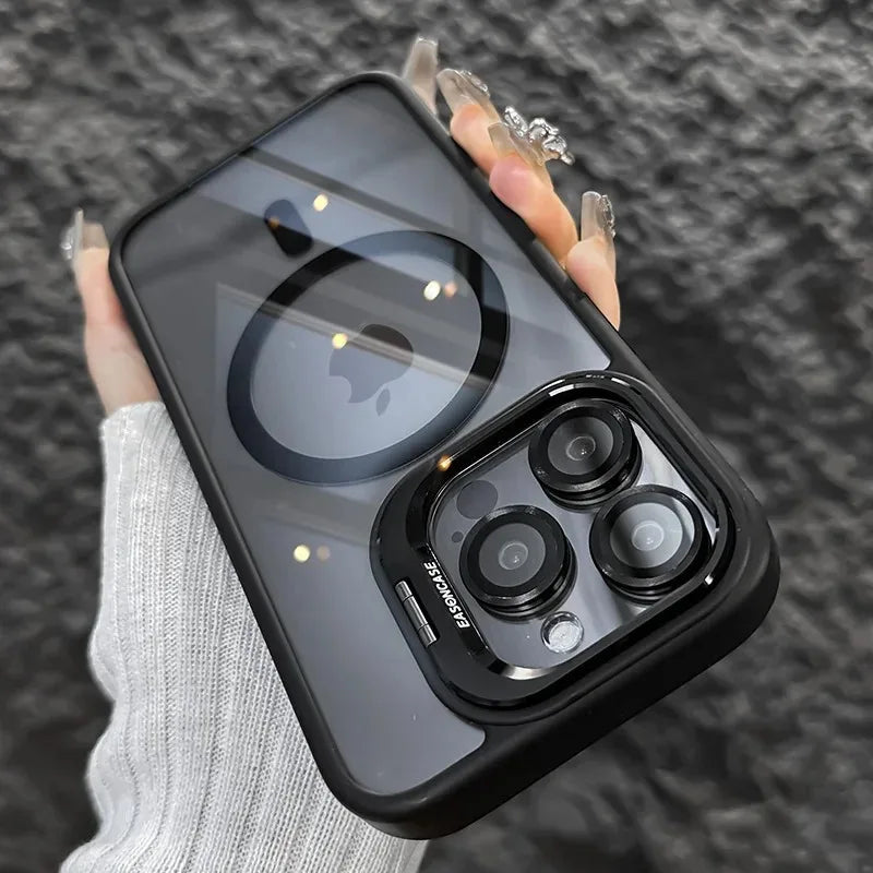 Luxury Magnetic Shockproof Phone Case For iPhone 15 14 13 12 11 16 17 Pro Max Plus 16E Funda Stand Glass Lens Protection Cover