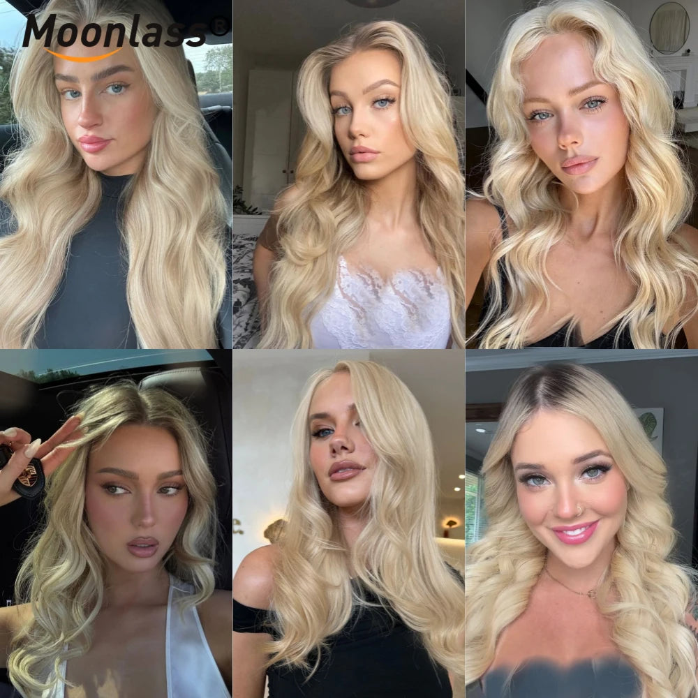 Moonlass Champagne Platinum Salon Hair Body Wave 100%Human Hair Wig 13x6Lace Front Wigs 180% Density Preplucked Transparent Lace