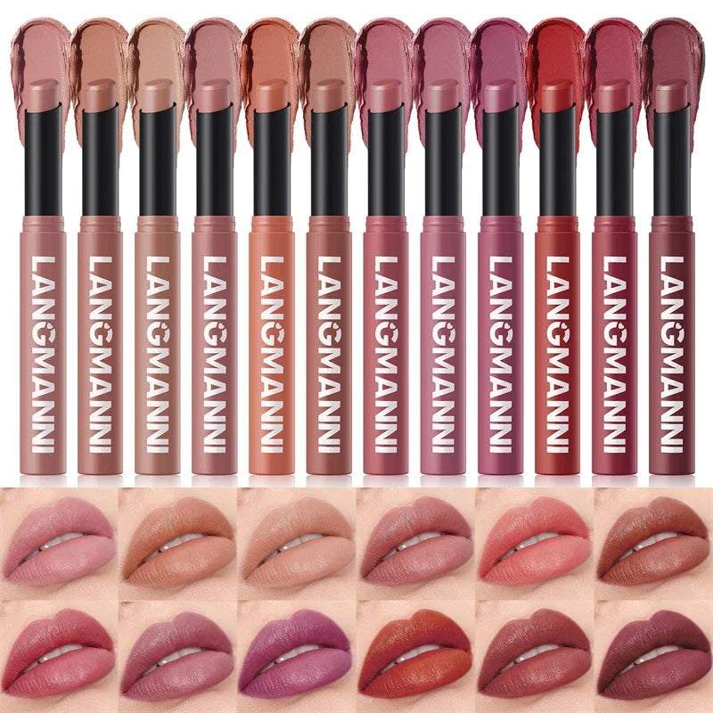 12 Color Matte Lipstick Non-Stick Cup Long-Lasting Velvet Finish Lipstick Pen Smooth Matte Lip Color Waterproof Non-Fading