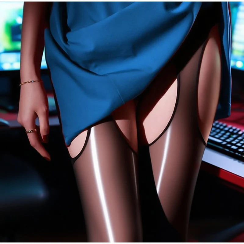 Sexy Black Horse Oil Stockings Women One-piece Thin Breathable Tights Four-sided Hollow Glossy Oil-like Red Stockings Long Socks - Kimlud