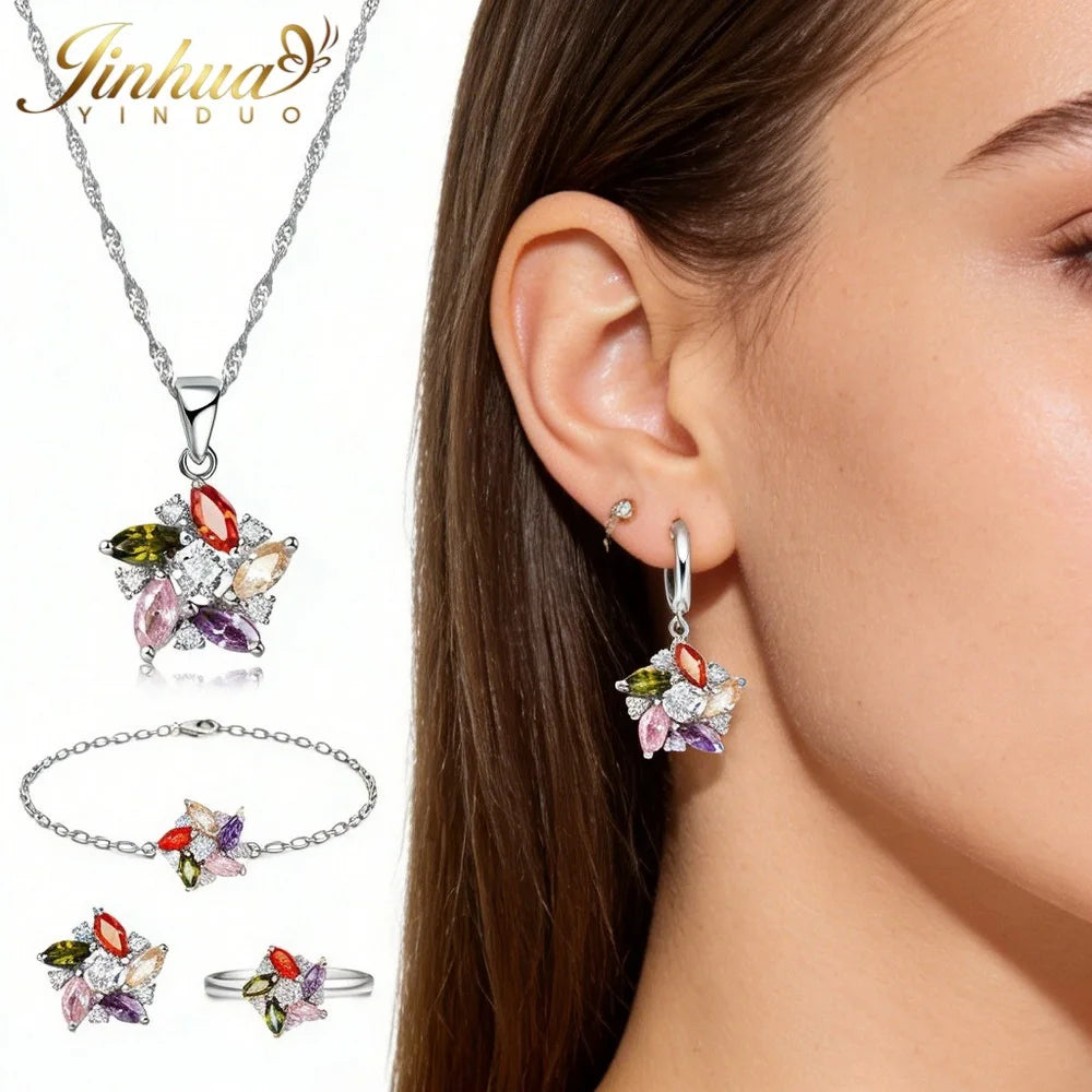26 Wellness Jewelry Set 925 Sterling Silver Windmill Colorful Good Lucky CZ Necklace Earrings Bracelet Ring+Gift Box For Women