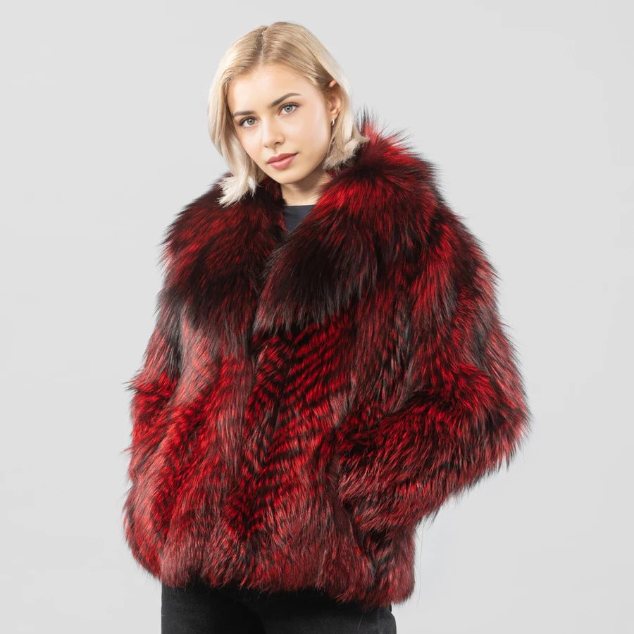 Real Red Silver Fox Fur Jacket With Collar Natural Fox Fur Coat Women's Winter Jacket Best Selling Genuine Fur Outerwear