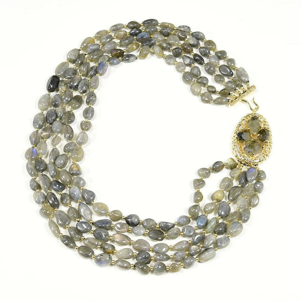 G-G 20" 5 Rows Natural Gray Labradorite Gems Stone Necklace Multi Strands Necklace Jewelry For Women