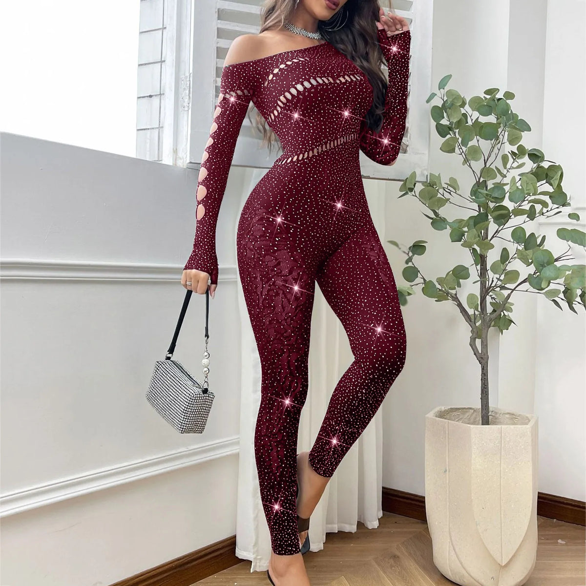 2025 Lace Embroidery Bra Set Women Sexy Mesh Rhinestone Jumpsuit Long Sleeve See Through Sexy Bustier Lingerie for Women - Kimlud