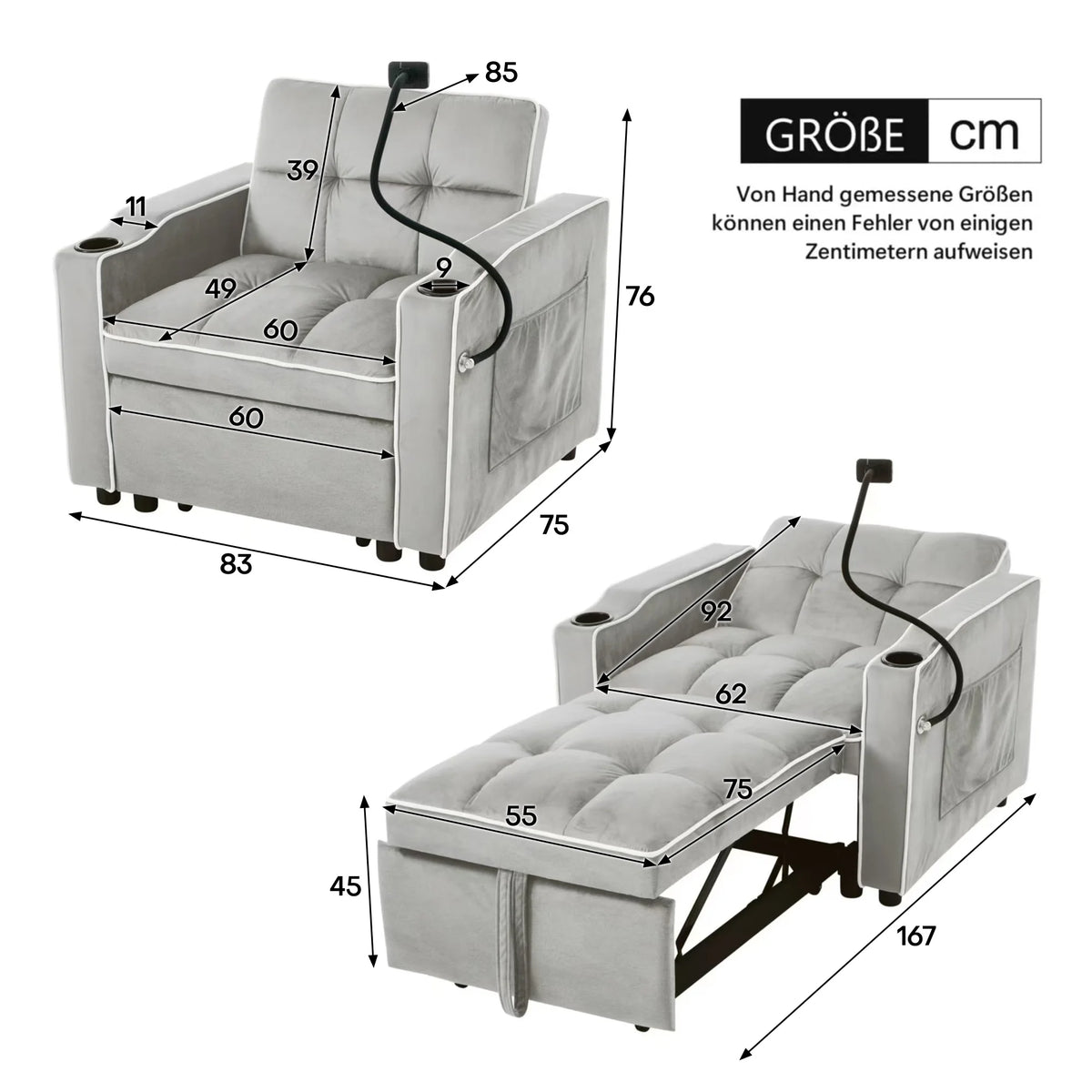 3-in-1 single-bed sofa - with beverage rack and phone holder, 83*167*76 cm sofa recliner, recliner, armchair, - Kimlud