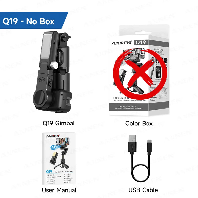 Gimbal Q19 AI Desktop 360° Auto Rotation Face Track Anti-Shake Selfie Stick Handheld Stabilizer with Fill Light for Smartphones