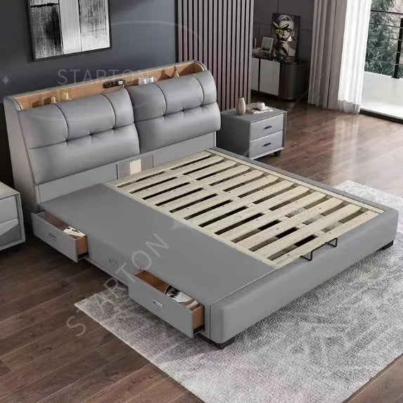 Pure White Nordic Style Oak Panel Queen Bed Frame Steel Frame Cama Modern Bed Queen Size Bed | Kimlud Luxury Bed