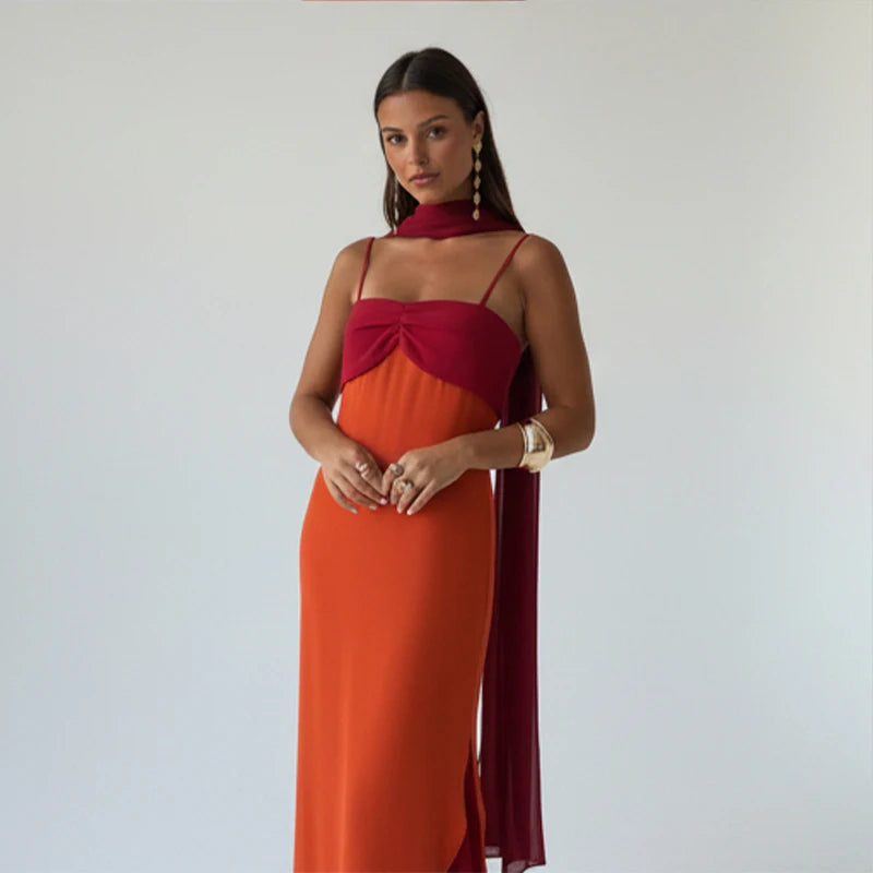 Women Color Blocking Scarf Collar Sling Dress Sexy Waist Cinching Split Bodycon Slim Fit Dresses 2026 Lady Highstreet...