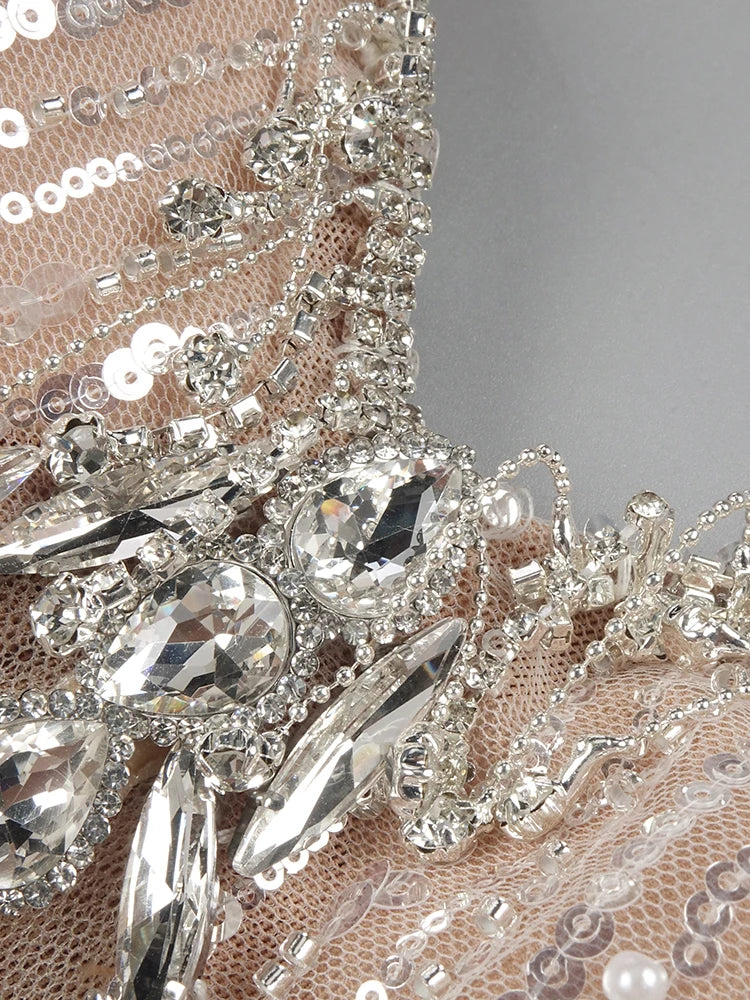 VC Glamorous Silver Sequin Spaghetti Strap Maxi Dress Gown with Cut-Out Detail and High Slit for Red-Carpet Galas