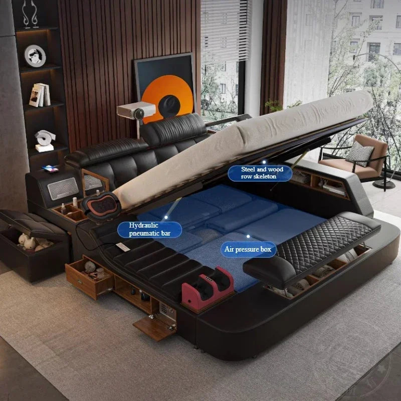 Replica Genuine Leather Bed With Massager Safe Speaker Dresser Projector SDisplay Throne Safe Cama Queen Size Trendy...
