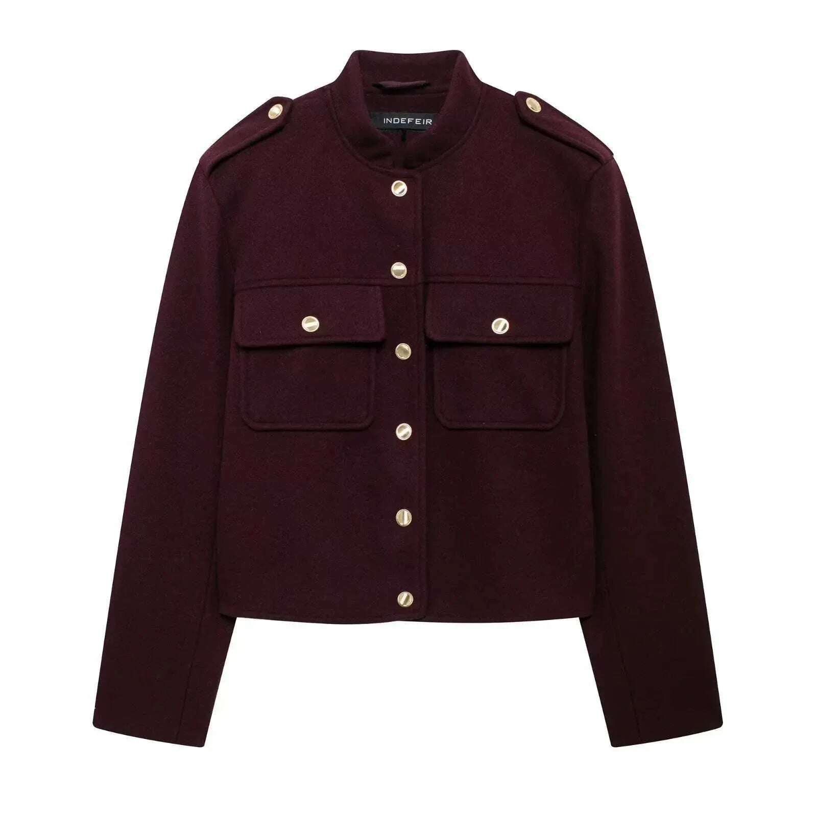 TRAFZA Women Vintage Wine Red Coat O Neck Long Sleeve Single Breasted Jacket With Pockets Autumn Casual Office Lady Outerwear