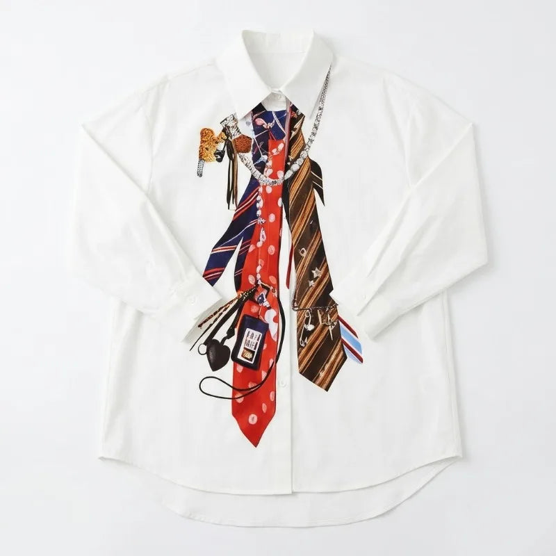 Yeezzi 2026 New Trendy Tie Printed White Shirts For Women Puff Sleeves Loose Buttoned Asymmetric Hem Streetwear Blouses...