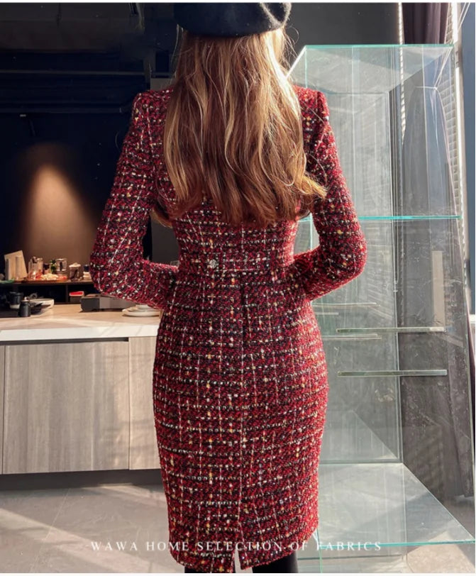 Elegant Retro Tweed Asymmetric Large Lapel Slimming Dress Women's Autumn Winter High-Grade Long Sleeve Mid-length Dress...