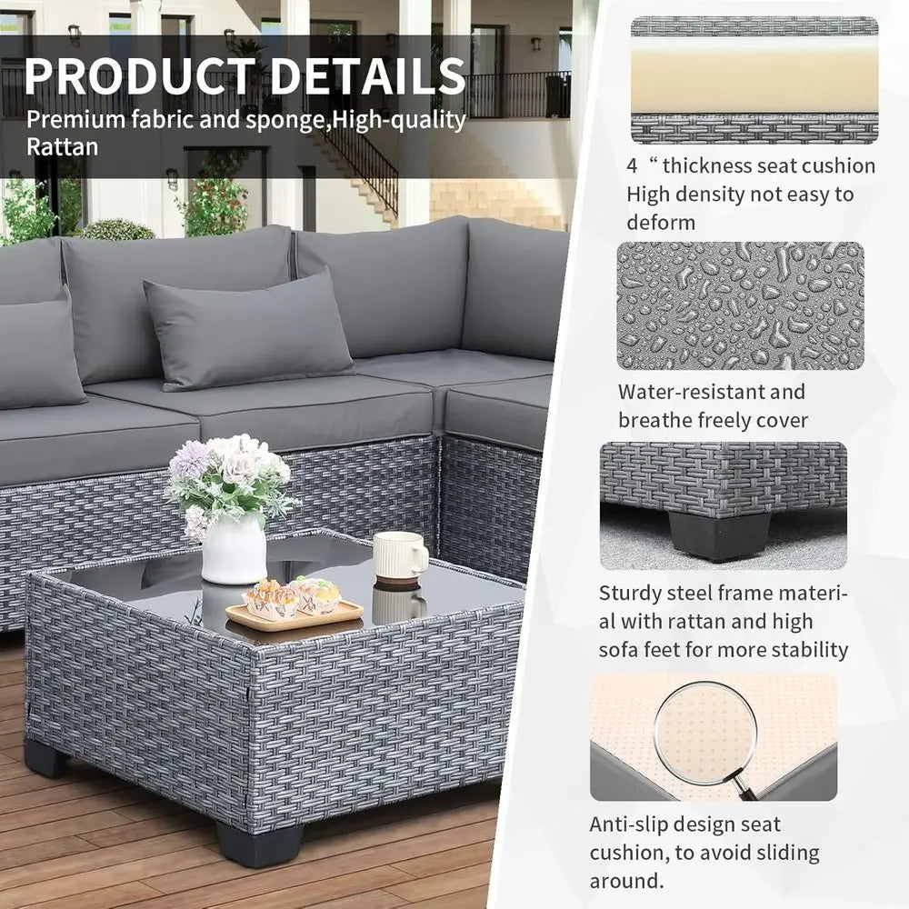 Gray Outdoor Patio Sectional Sofa Set with 7 Pieces, Washable Cushions, PE Wicker Rattan Furniture | Kimlud Outdoor...