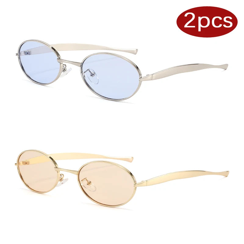 2pcs Y2K Oval Small Frame Unique Sunglasses Women Luxury Brand Metal Sun Glasses Punk Style Colorful Popular Eyeglasses UV400 - Kimlud