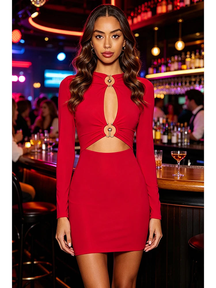 Sexy Long Sleeve O Neck Metal Buckle Ruched Mini Dress Women Red Cut Out Folds Bodycon Dresses Elegant Evening Party...