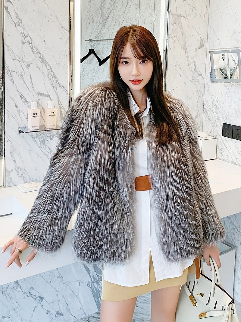 2025 New Imported Silver Fox Young Style Fox Fur Korean Style Fur Coat Women's Short Style Small Clip leather craft