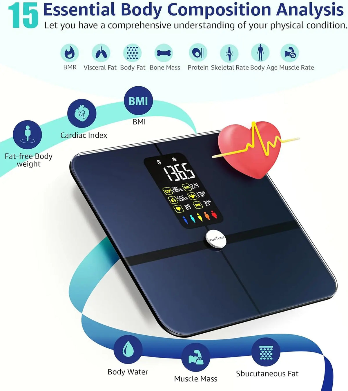 Smart Digital Bathroom Scale with Body Composition Analysis, Heart Rate Monitoring & App Sync - 400lb Capacity - Kimlud
