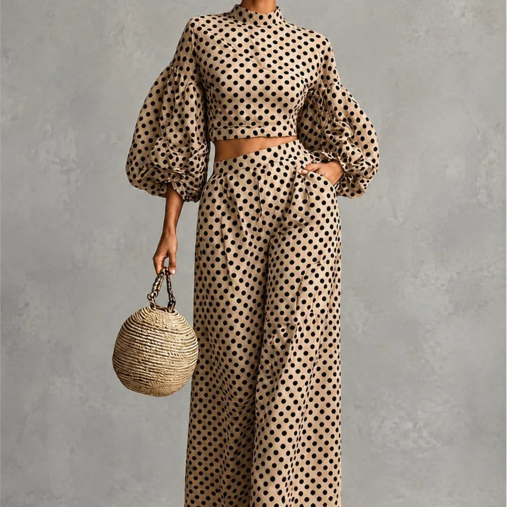 Loose Polka-dot Trousers Suit Autumn Winter Elegant Street Style Lantern Sleeve Long-sleeved Top Wide-leg Trousers Two-piece Set