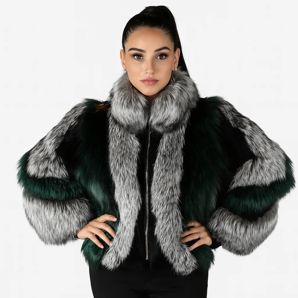 Women's Real Red Fox Fur Jacket With Silver Fox Collar Coat Thick Warm and Fashionable in Winter 23A0616
