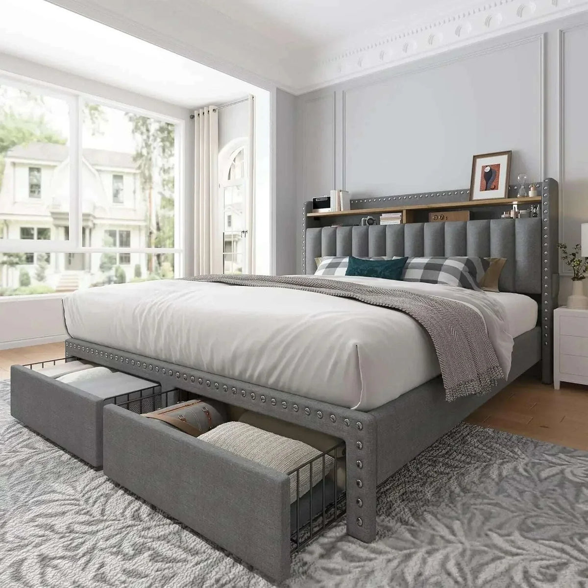 King Size Bed Frame with Storage and Headboard, Upholstered Kings Beds Frames with Storage, King Bed Frame with 2 Drawers