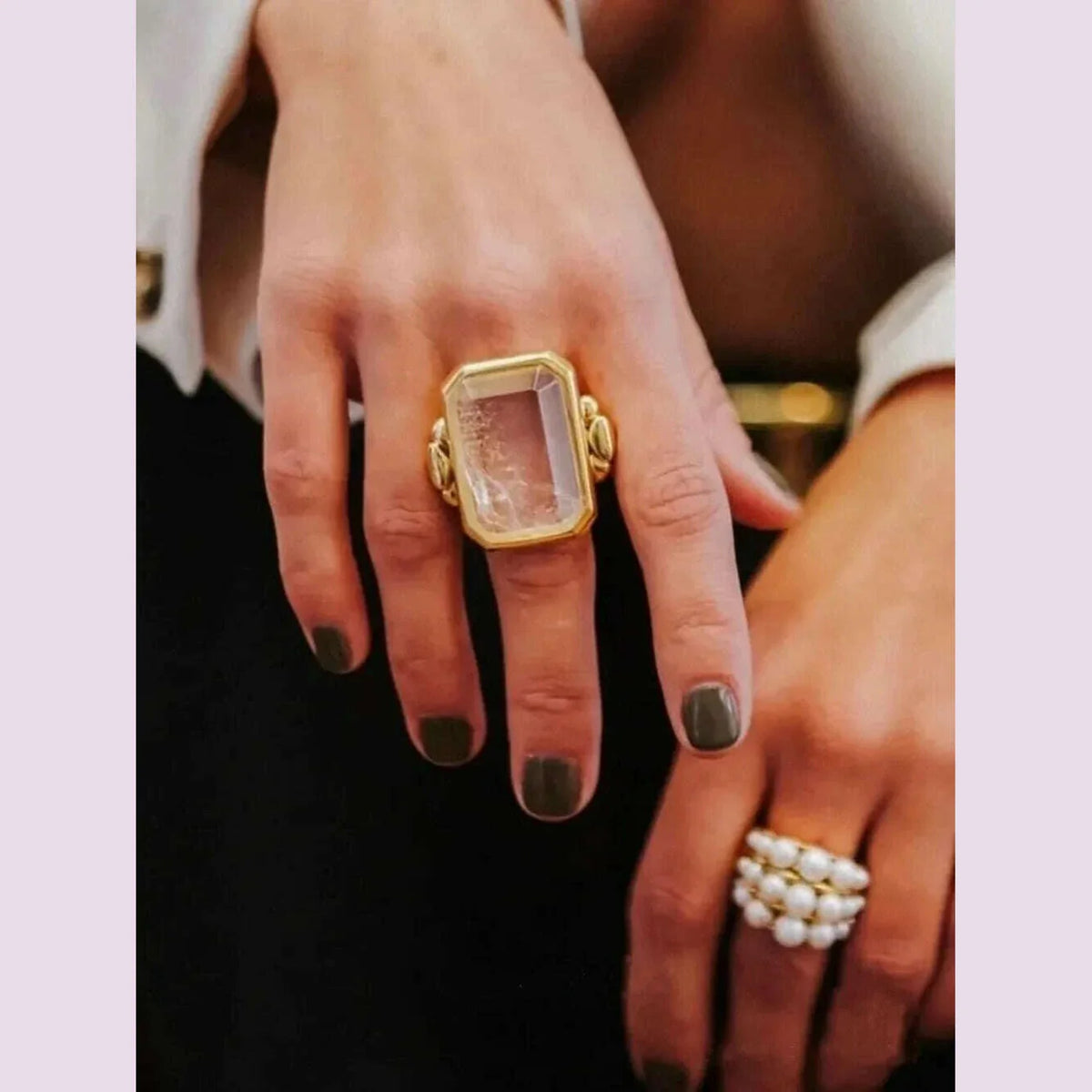 Fashion Square Natural Stone Crystal Ring Gold Color Metal for Women Brass Jewelry 2024 Light Luxury European And American