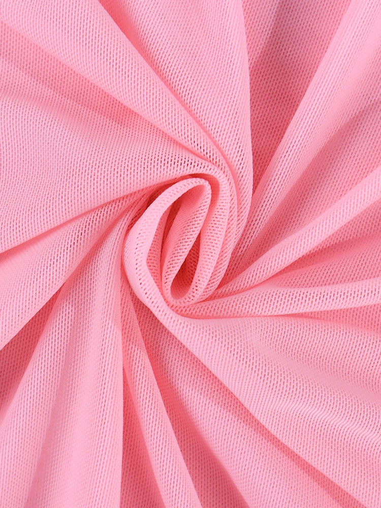 NewAsia Halter Flounce Sleeves Mesh Pink Dress Women Sexy Solid Backless Bandage Mini Vestido Summer Vacation Party Club
