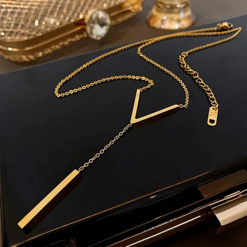 Stainless Steel V Shape Stick Pendant Necklace for Women Ladies Dainty Long Chain Necklace Party Jewelry