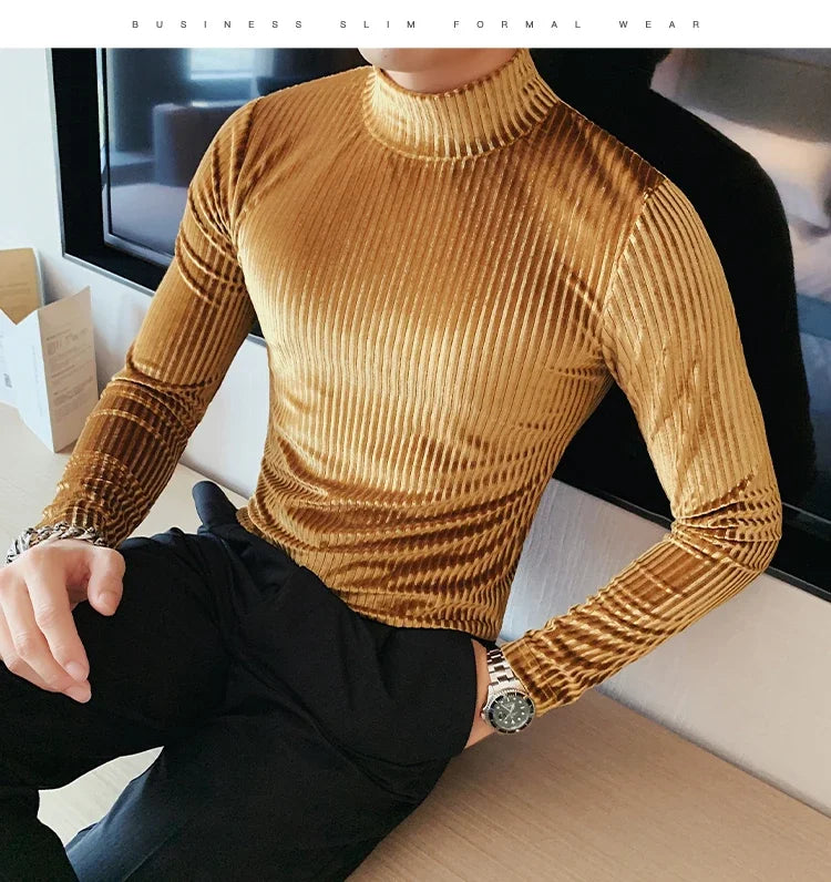 New Gold Velvet T Shirt Men Clothing Fashion Trend Male Luxury Prom Party Long-sleeved Striped Pullover Tops Homme - Kimlud