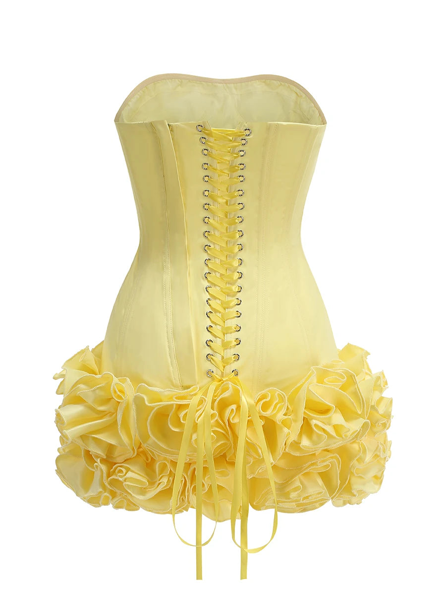 Stereoscopic Flowers Back Laceing Strapless Solid Bandage Mini Evening Dress Sweet Woman Birthday Party Patchwork Lace Up Dress