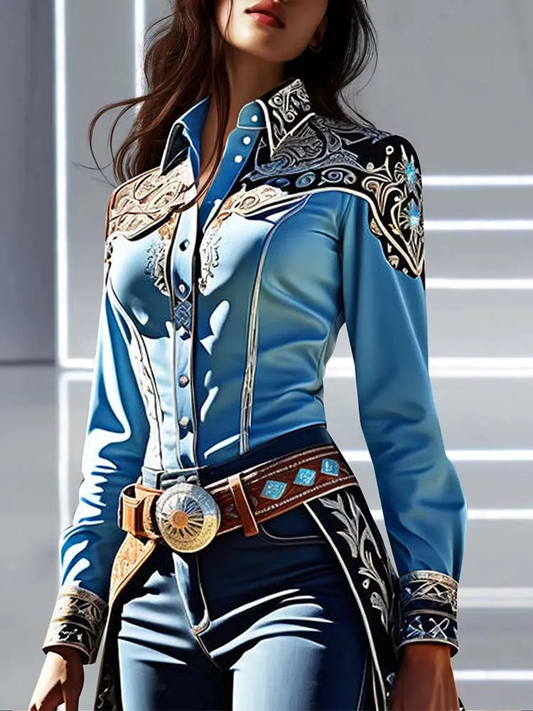 American Retro Shirt for Women Ethnic Western Printed Long Sleeve Turn Down Collar Corset Patchwork Casual Blouse Shirts...