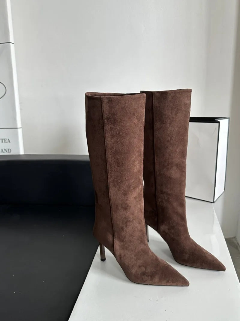 Fashion Retro Minimally Pointed Suede slim High Heels Knight Boots slip-on Knee-high Women's Shoes Pumps Botas De Mujer