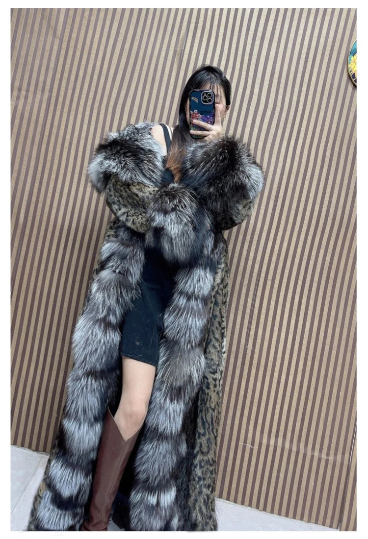 120cm Length Women's Genuine Rabbit Fur Coat Fox Fur Hooded Long Jacket Luxury Overcoats
