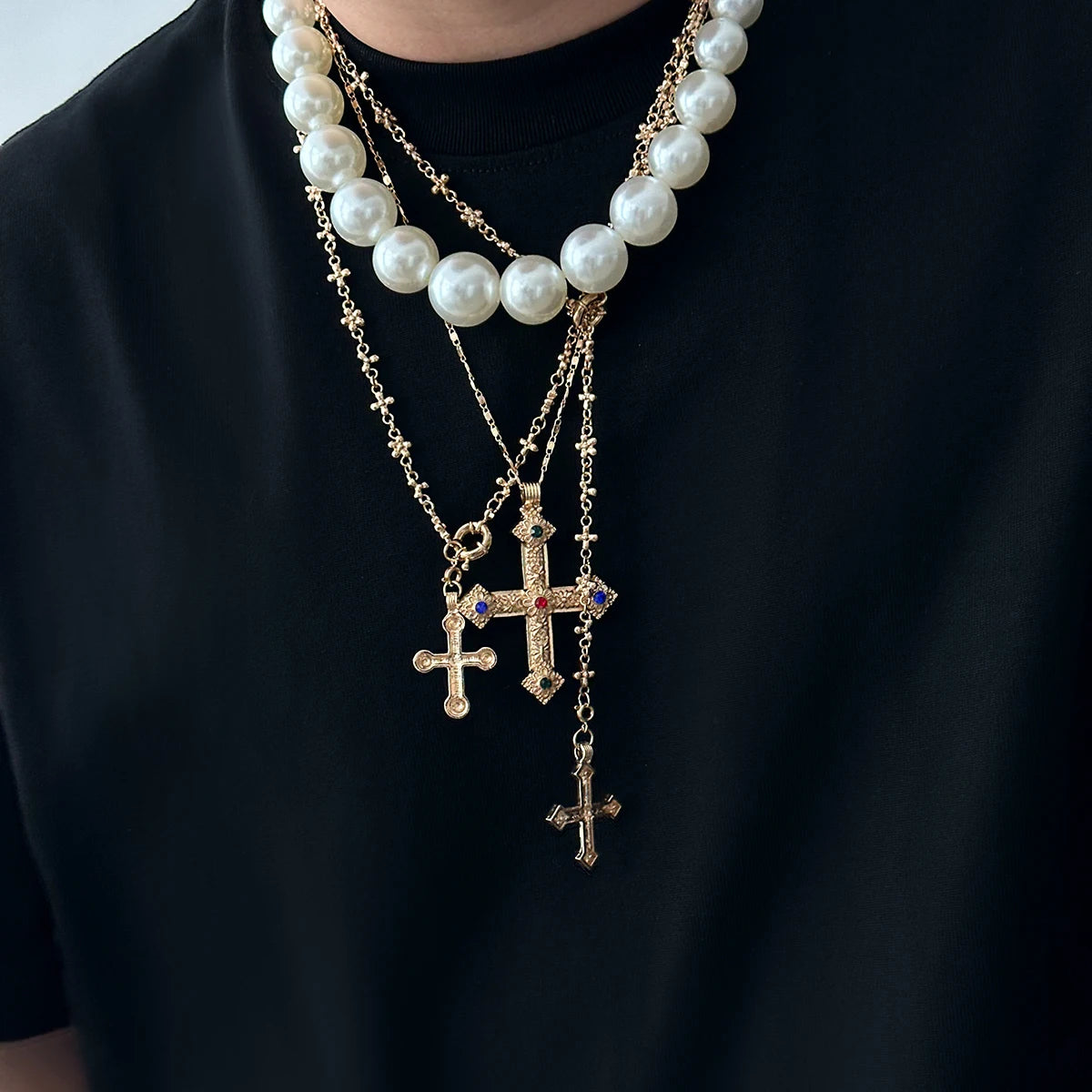 IngeSight.Z Exquisite Vintage Juses Cross Pendant Men Necklace Trend Classic Imitation Pearl Choker Women Punk Party Jewelry