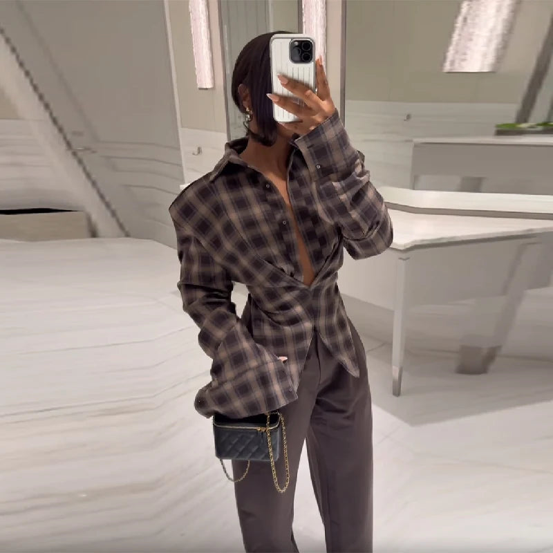 Women Chic Design Sense Plaid Shirt Fashion Casual Waist Cinched Slim Fit Long Sleeved Sexy Shirts Autumn Stylish Women Tops