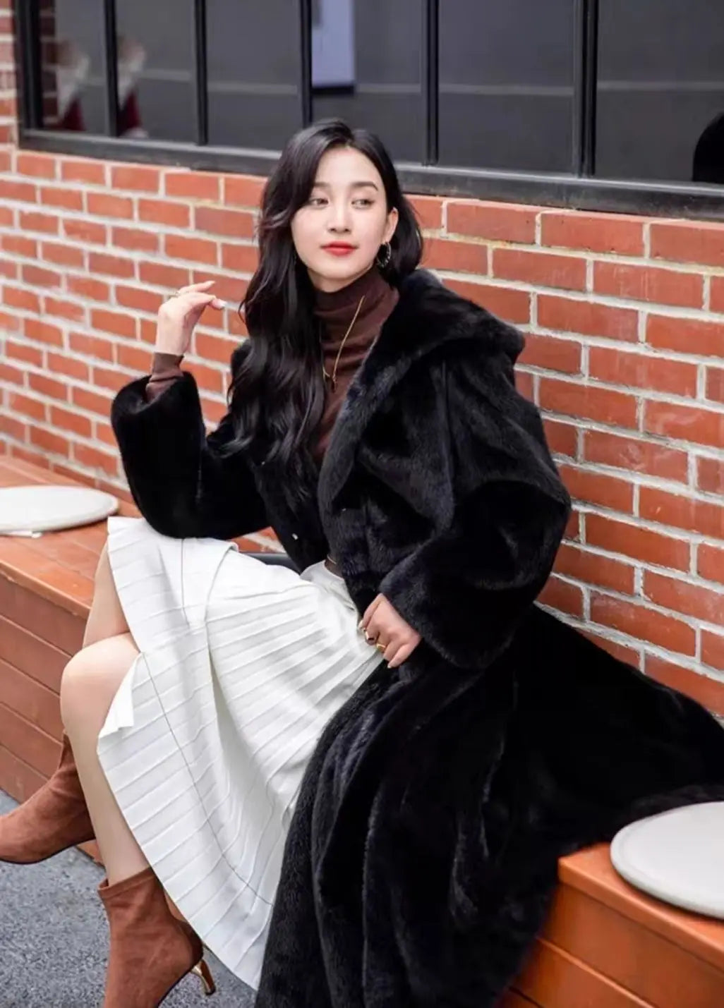 Women Thick Maxi Jacket Y2k Autumn Winter Belt Faux Fur Maxi Coat Long Warm Luxury Belt Fur Black Parkas Bontjas Furry Outerwear