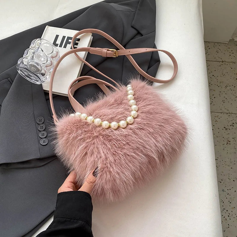 Fairy Handbag Pearl Chain Plush Small Square Bag For Women Fashion Elegant Shoulder Crossbody Bag Autumn Winter Versatile Totes