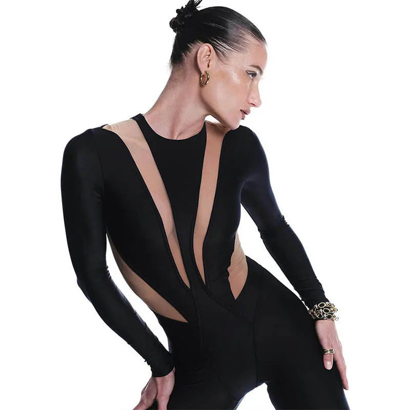 Sexy Mesh Hollow Patchwork Jumpsuit Long Sleeves Game Cosplay Bodysuit Women Performance Dance Costume Party Outfit