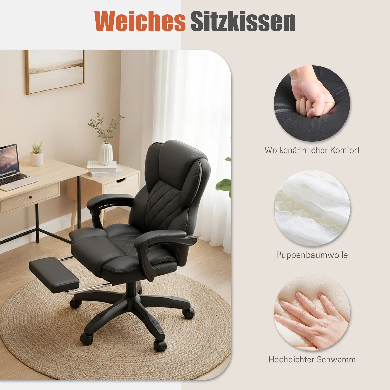 OYAJIA Office Chair, PU Leather Ergonomic Office Chair, 150kg Weight Capacity, Adjustable High-Back Computer Chair, Executive Swivel Chair with Footrest and Lumbar Support, Black/White - Kimlud