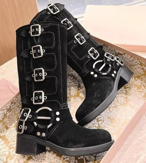Punk Woman Clasp Buckle Brown suede Knee Boots Side Metal Buckles Motorcycle Boots Women Square Toe Lady Ridding Boots