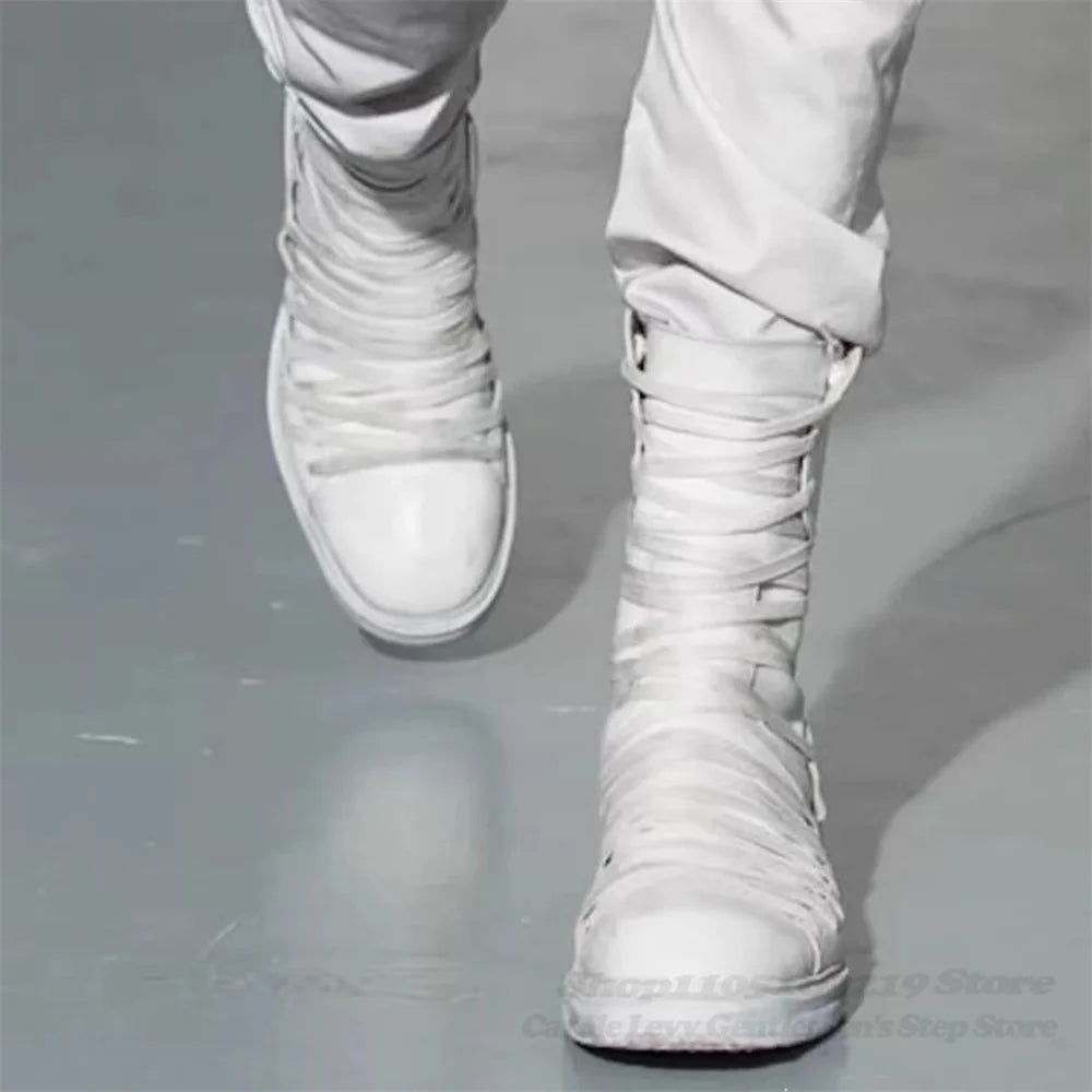 White Retro Classic Cross Strap Thick Soled High Top Boots for Men Handmade Old Motorcycle Boots Back Zipper Mid Calf Boot