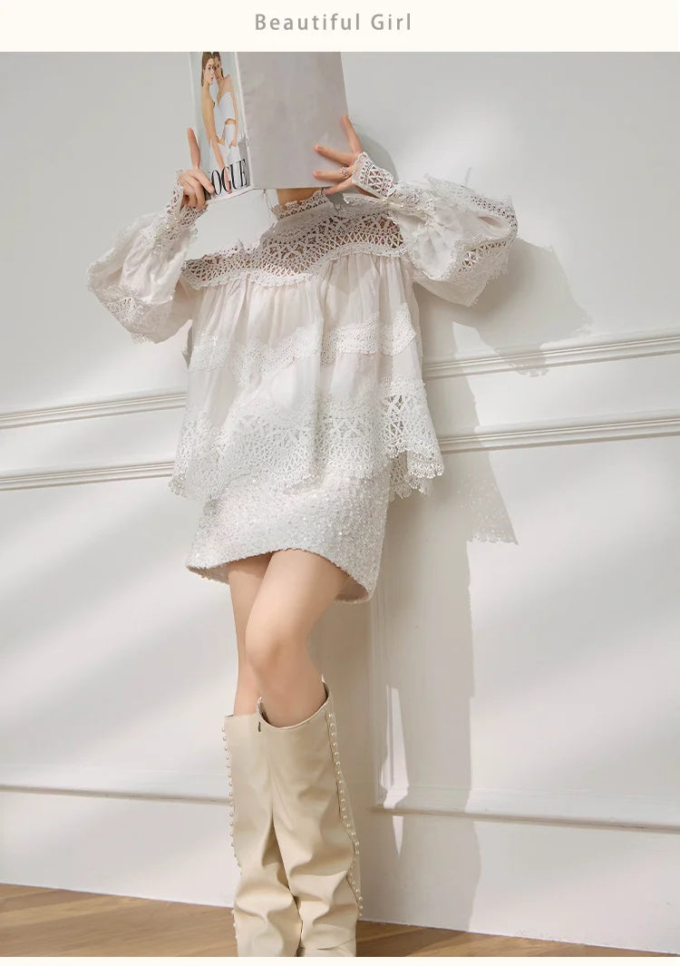 Light Luxury Hollow Print Stand-up Collar Lantern Sleeve Shirt Women French Temperament Fashion Lace Splicing Loose Casual Shirt