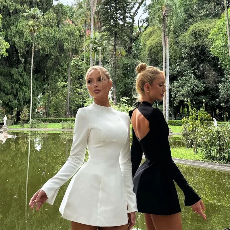 Women's New in dress novelty 2025 long sleeve Short dresses elegant party Casual Simple solid white black fashion Backless skirt - Kimlud