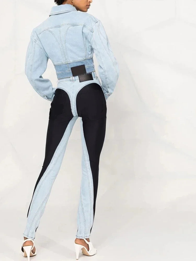 Patchwork Colorblock Women's Jeans High Waist Slim Casual Straight Denim Pencil Pants Female Fashion | Kimlud Mid Range Pants