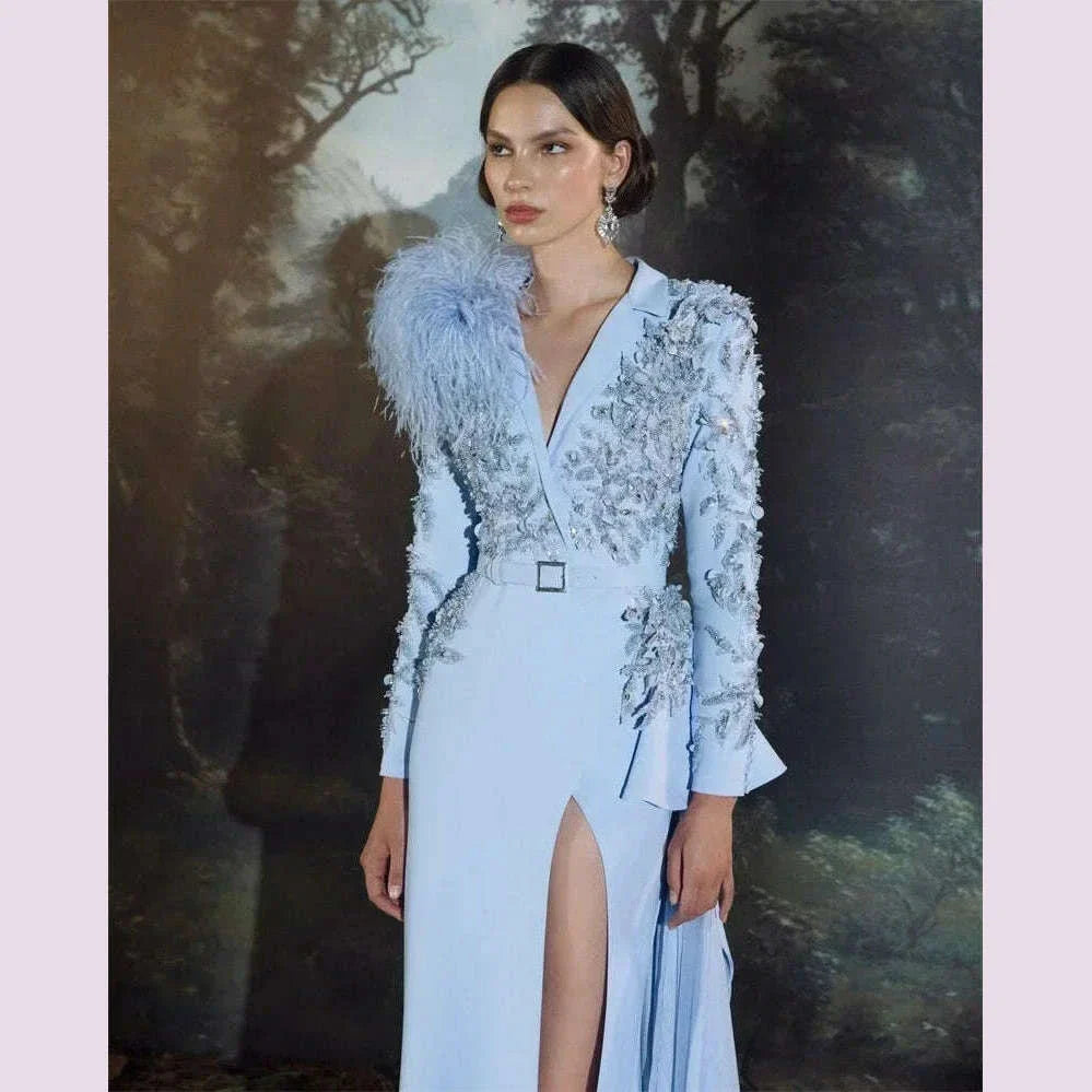 Elgant Feather Wrap Prom Dresses With Belt Hand Made Appliqued Beads Evening Party Gowns 2024 High Side Split Vestidos De Novia