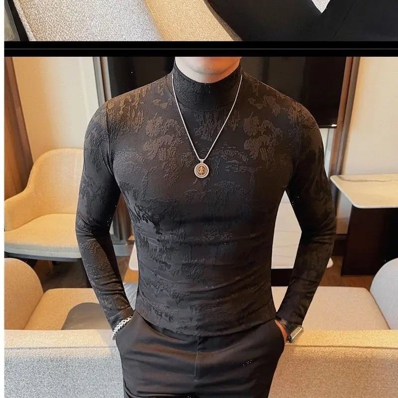 Half Turtle Neck T-shirt Men's Long-sleeved Slim Printed Sweatshirt Mid-collar Base Shirt Tight Floral Pattern T-shirt Top T - Kimlud