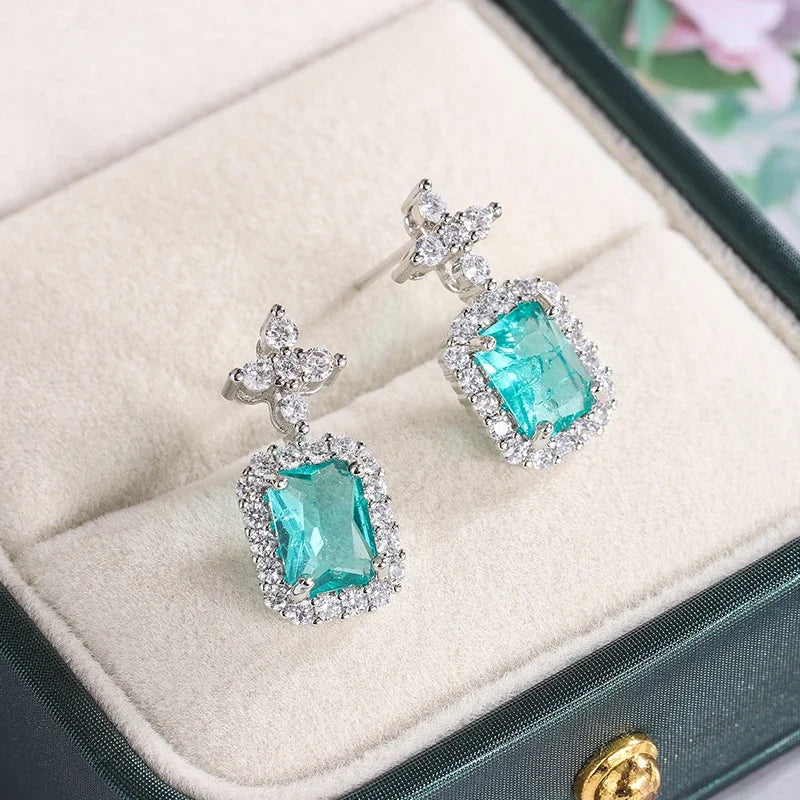 Beautiful 925 Sterling Silver Earrings for Women's Shiny Green AAAA Zircon Earrings Stylish Geometric Jewelry Party Earrings
